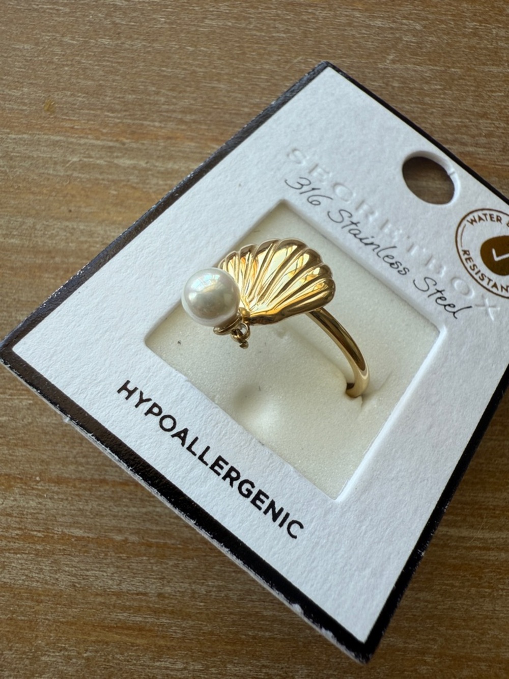 Gold Seashell Pearl Drop Ring - 316 Stainless Steel - Picture 6 of 12